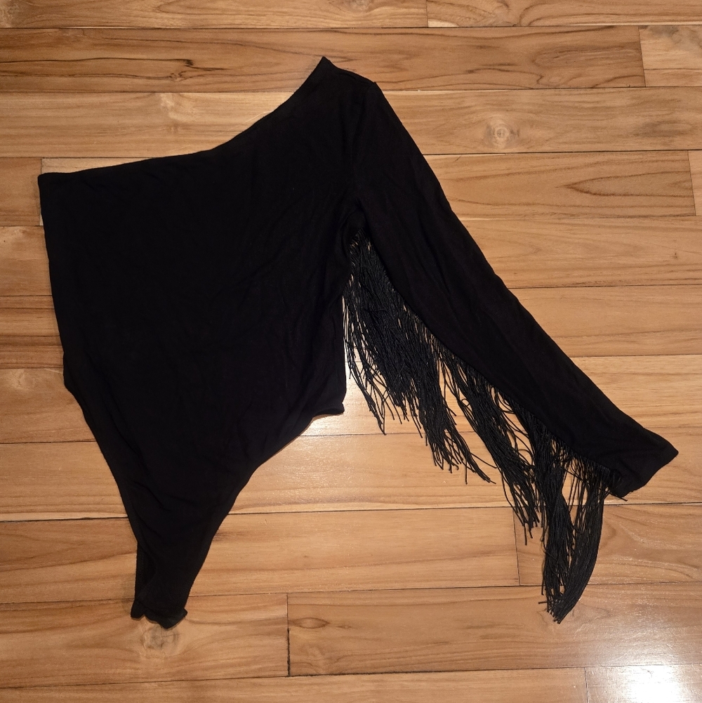 Black One-Shoulder Fringe Bodysuit